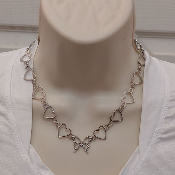 Jewelry - Butterfly Pendant with Linked Open Heart Silver Tone Necklace